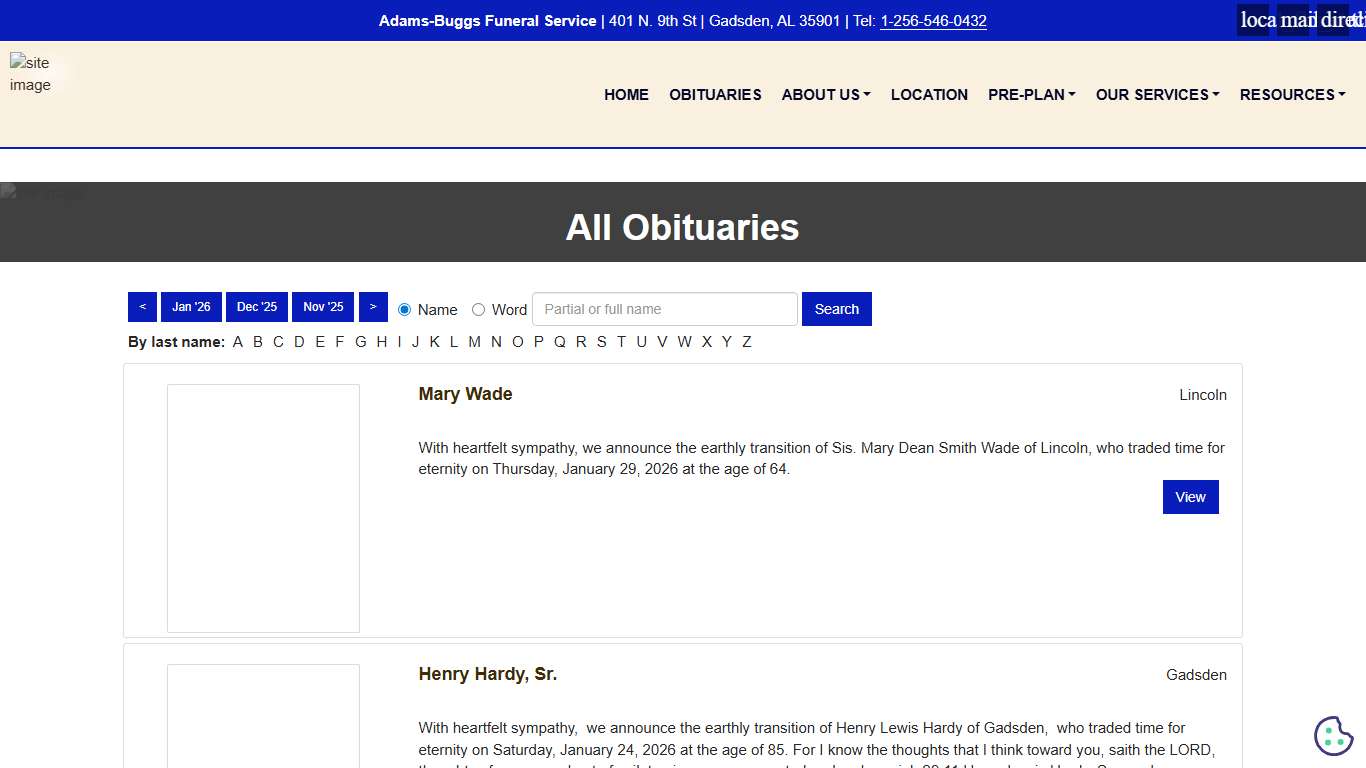 All Obituaries Adams-Buggs Funeral Service Gadsden, AL